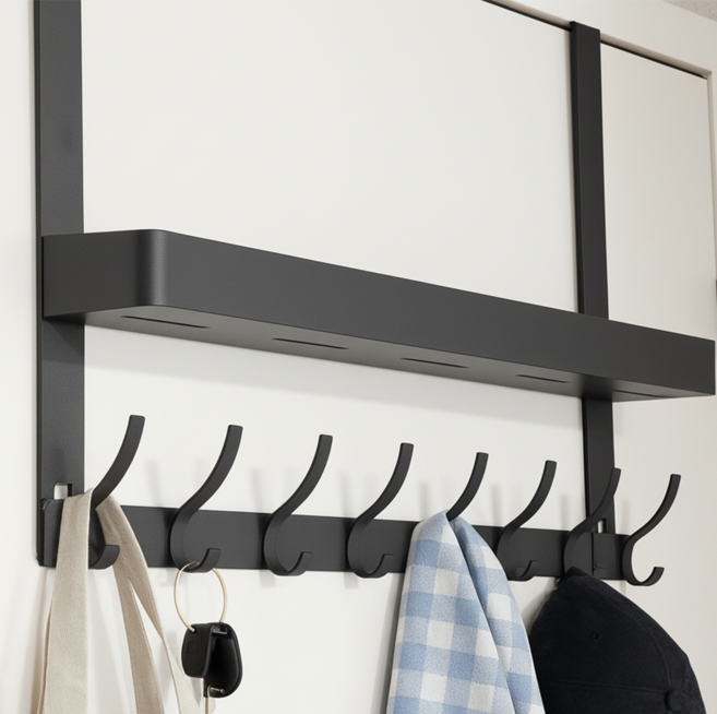 앤아일즈 무타공 낮고 긴 도어행거 16구 선반형 낮은 선반, 블랙