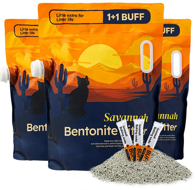 사바나 프리미엄 와이오밍 벤토나이트 고양이 모래 탈취제 세트, 무향, 3개, 6kg