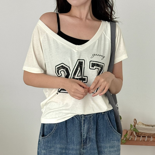 스테시 넘버 브이넥 반팔티 83301 빅사이즈 여성의류