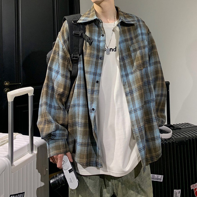 復古格子襯衫男長袖春秋季高級感痞帥寬鬆襯衣美式休閒青少年外套