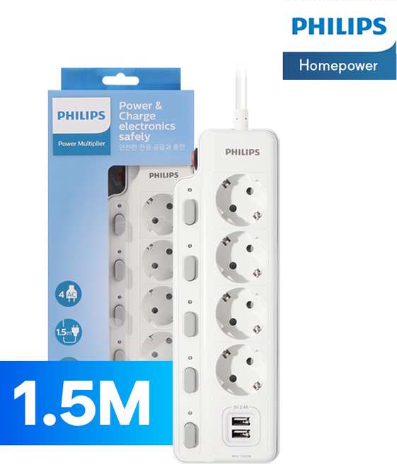 필립스 USB 고용량멀티탭 과부하차단 개별스위치, 화이트 4구 CHP4740W, 1개, 1.5m
