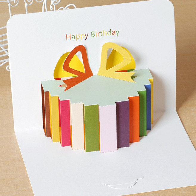 彩色立體卡片 3D立體賀卡 生日祝福手工剪紙附信封, 蝴蝶結蛋糕, 1個