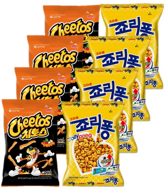 롯데 크라운 스낵모음 치토스 매콤달콤 82gx4개+죠리퐁 74gx4개 (총8개), 1세트, 624g