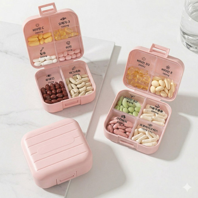 퀴나엘 파스텔 휴대용 미니 약통 케이스 일주일 7칸 알약 보관함 벚꽃 핑크, 1개