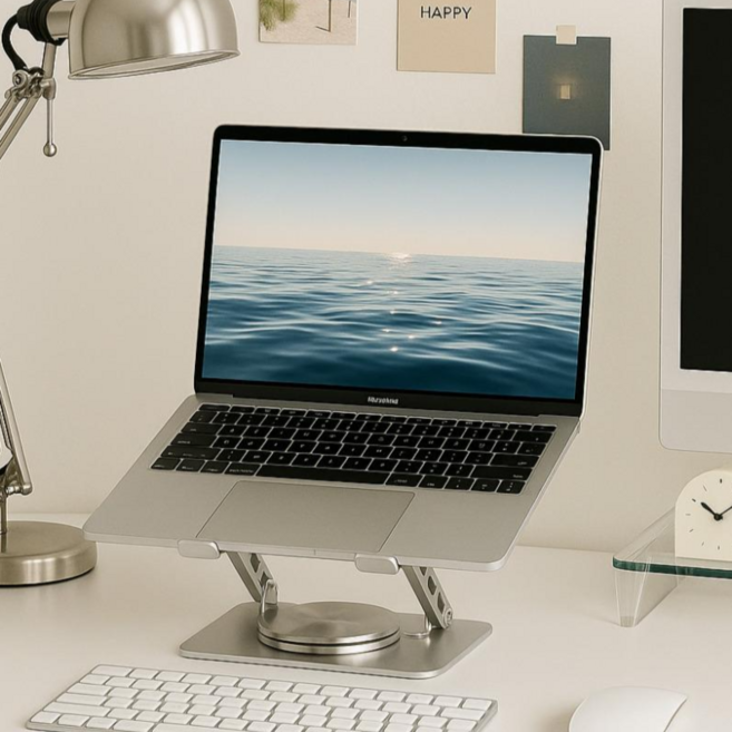 로미픽 360도 회전 쿨링홀 탄소강 노트북 거치대, 실버