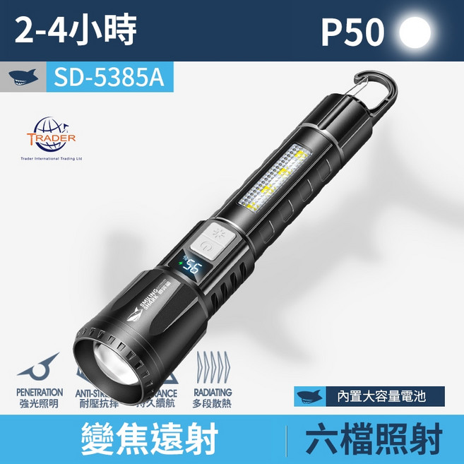 LED 強光變焦手電筒 COB露營燈 戶外防水照明燈, 1個, 微笑鯊 數顯 SD-5385A