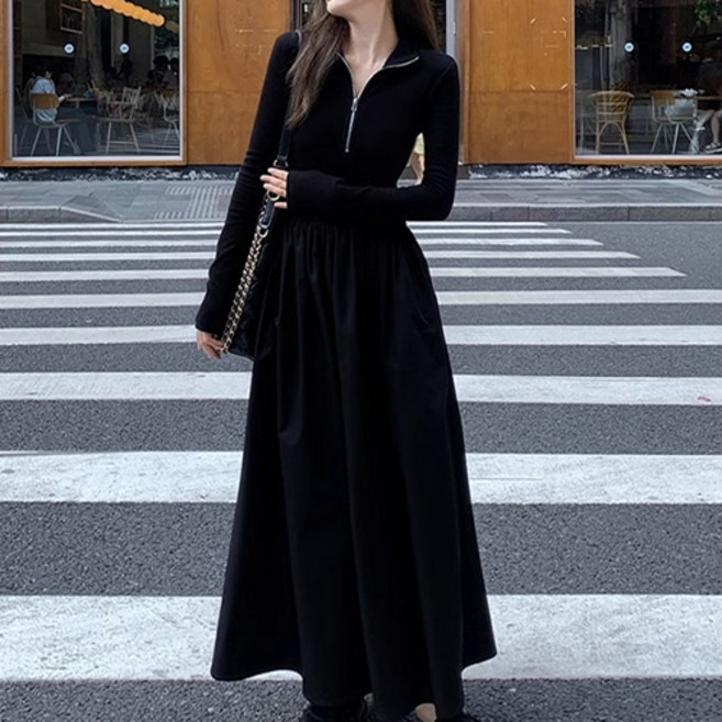 데일로엔 여성 지퍼 니트 골지 롱 원피스