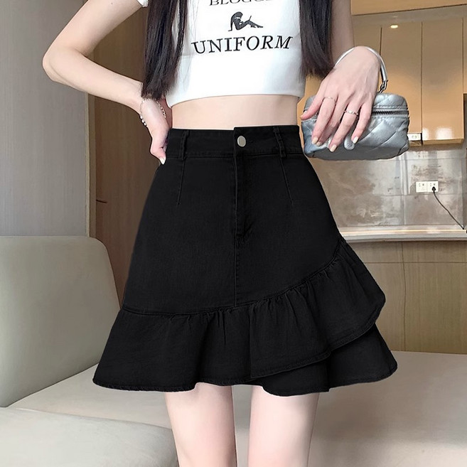 DFMEI 牛仔魚尾短裙半身裙女新款春夏季款高腰遮肉不規則a字包臀裙