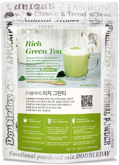 [더블데이] 리치 그린티 파우더 800g / 유기농 제주산 녹차 말차 라떼 프라페 음료 베이스 믹스, 1개