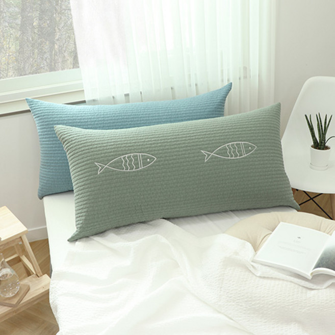 집에 피쉬 피그먼트워싱 등받이쿠션 헤드쿠션 빅쿠션, 그린