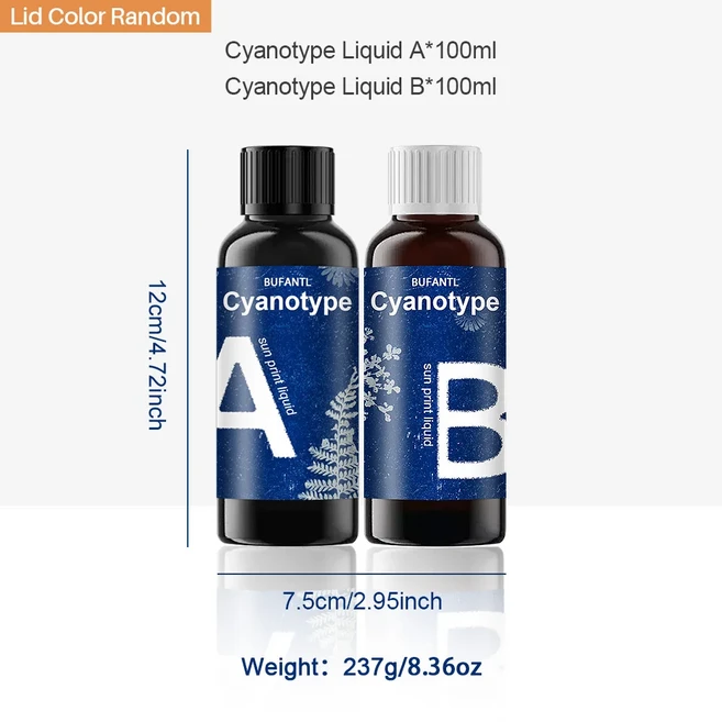 A5/A 컬러 백서 Cyanotype 액체 키트 (50/100ml) 튜토리얼 도구 포함 태양열 인쇄 드로잉 지 DIY Sun Art, 01 A B-100ml