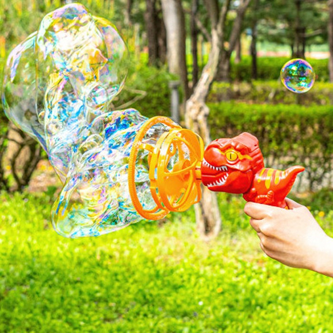 [오피스스쿨] 민화샵 공룡 이중버블건 (3색상) 핸디형 선풍기 자동 버블머신건 비눗방울총 비누방울, 1개