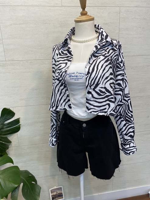 지브라 호피 크롭 여름 쿨 긴팔 아우터 셔츠