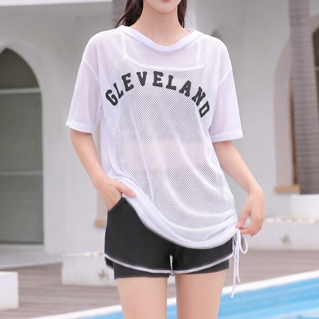 베르슈어 빅사이즈 루즈핏 커버업 수영복 세트, 블랙