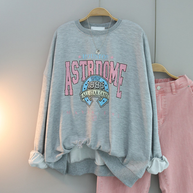 달콩 스톤프린팅오버핏맨투맨 여성 빅사이즈 롱티 라운드 긴팔