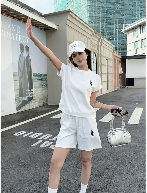 스타일닥터 여성 여름 베어 자수 반팔 반바지 세트 오버핏 데일리 운동복 상하세트