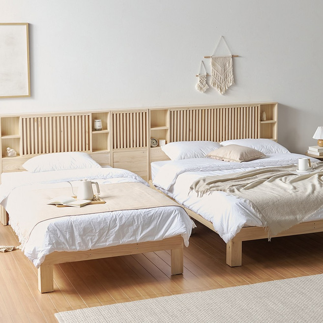 편백나무 통원목 수납헤드 패밀리침대 프레임 SS+SS, 내추럴