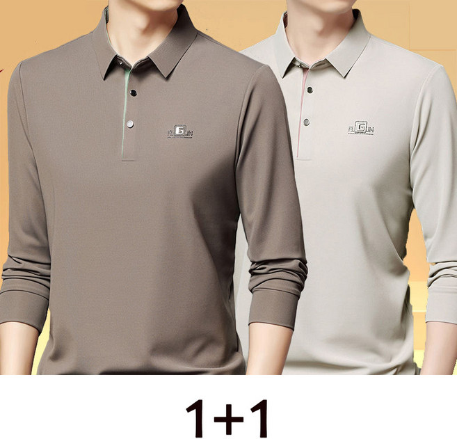 1+1 데일리 긴팔 카라티 봄가을 중년 남자 폴로셔츠 솔리드 비즈니스룩 캐주얼 상의 기질 프리미엄 터틀넥 티셔츠 SJS