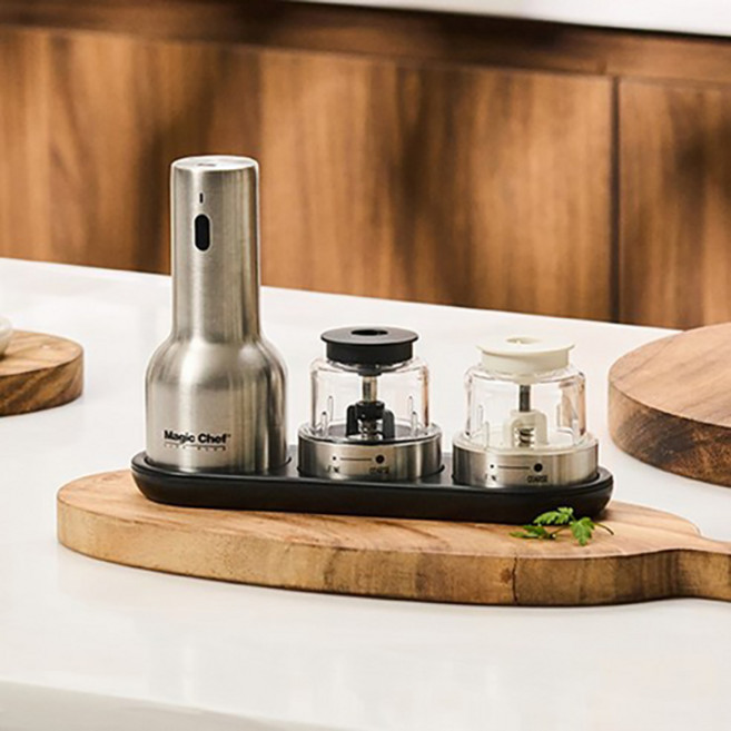 매직쉐프 전동그라인더 소금 후추 2in1(본체+팟2P+트레이) 스텐실버, 1개
