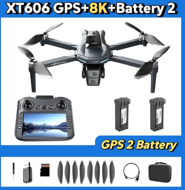 샤오미 XT606 MAX GPS 드론 8k 프로페셔널 8K HD 카메라 FPV 위시 스크린 드론 360 장애물 회피 쿼드콥터 장난감, [02] Grey-4K-battery-1