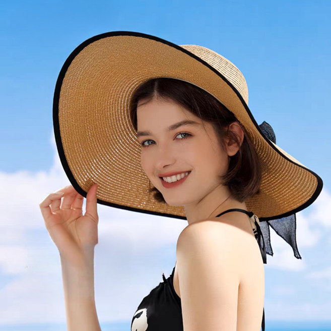 Moon 여성 라탄 밀짚모자 바다가 여행 나들이 챙넓은 자외선 햇빛 차단 라피아햇 모자 리본
