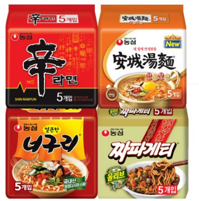 농심 신라면 120g x 5p + 안성탕면 125g x 5p + 얼큰 너구리 120g x 5p + 짜파게티 140g x 5p, 20개