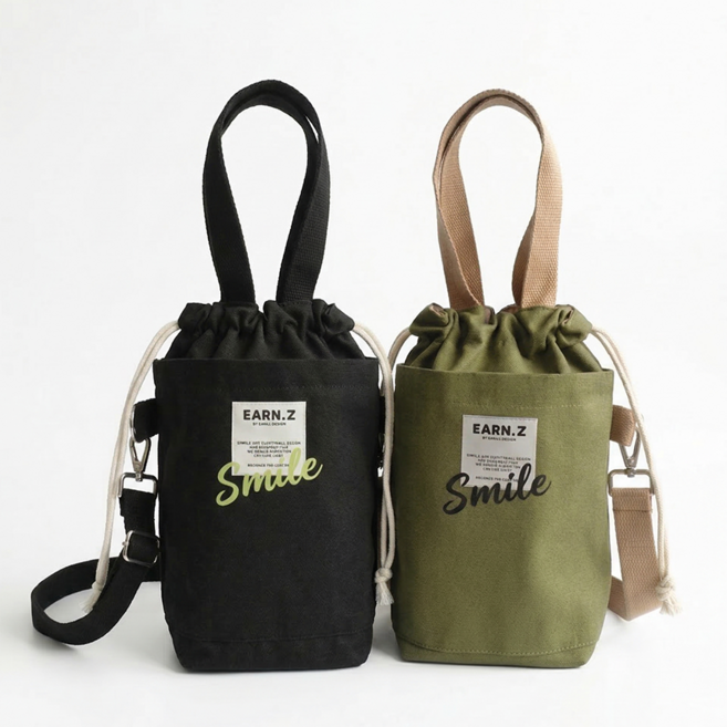 언즈 스마일 라벨 캔버스 복조리 텀블러백, 1개, 카키