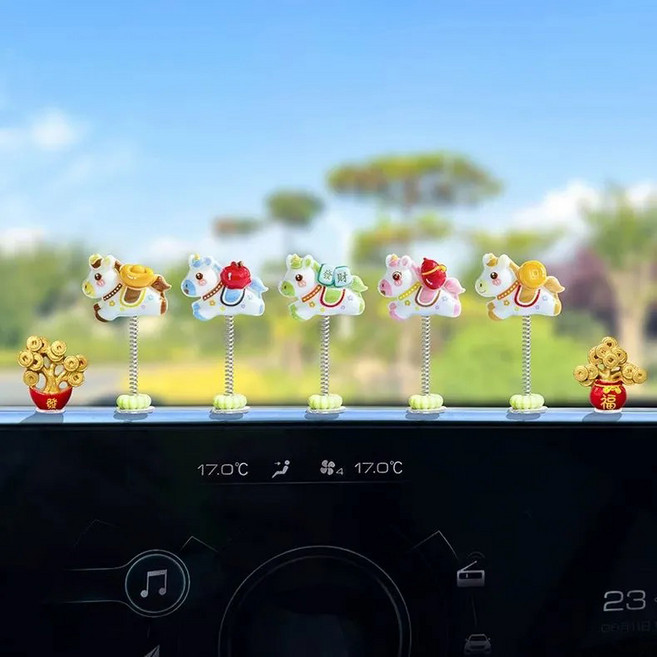 유니스뮬라 차량용 스프링 미니 피규어 2026년 말띠해 자동차 장식 소품 말피규어 5개+ 돈나무2개 7종세트, 1세트, 말피규어5개+돈나무2개