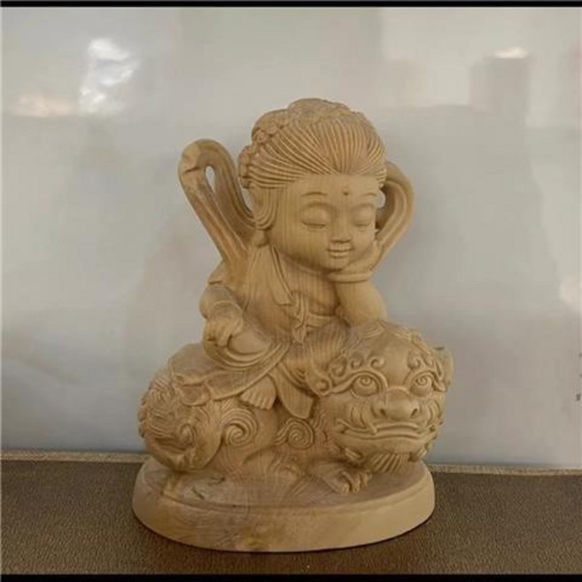 崖柏黃楊木雕 Q版文殊普賢菩薩 人物神像 工藝品, 小葉黃楊文殊