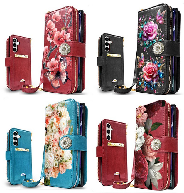 갤럭시A16 갤럭시버디4 6가지 디자인 다이아 뒷포켓 외부지퍼 5만원권 지폐 대량 수납 지갑형 핸드폰케이스