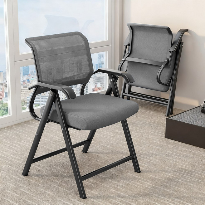 하루꿈 접이식 메쉬 의자 학생용 사무실용 허리 편한 컴퓨터 회의실 바퀴없는 실용 의자, 그레이