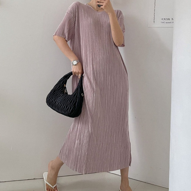 빅걸스토리 빅사이즈 세로 플리츠 주름 루즈핏 찰랑 반팔 원피스
