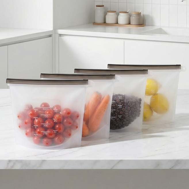 실리콘 지퍼백 재사용가능 푸드백 냉장고정리 용기 4개입, 화이트, 1000ml, 1세트, 실리콘백