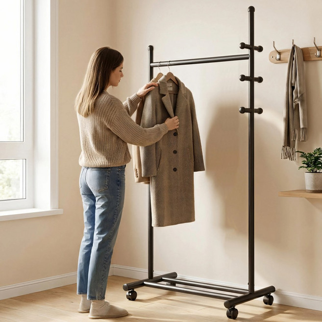 BaiNong 튼튼한 싱글바 스탠드 행거 바퀴달린 이동식 원룸 침실 싱글바 입형 옷걸이, 검정색