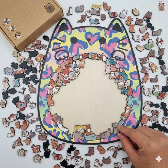 멍냥코코 귀여운 고양이 우드 퍼즐 직소퍼즐, 1세트, 솜사탕냥(고급형), 135피스