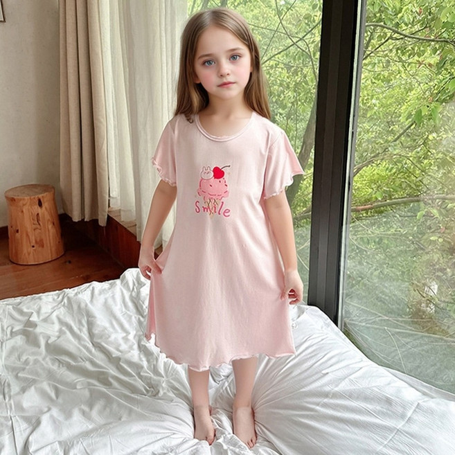 핑크비 젤로원피스파자마 주니어 초등학생 중학생 물결 드롭숄터 캐릭터 일러스트 롱 모달 원피스 110-160호