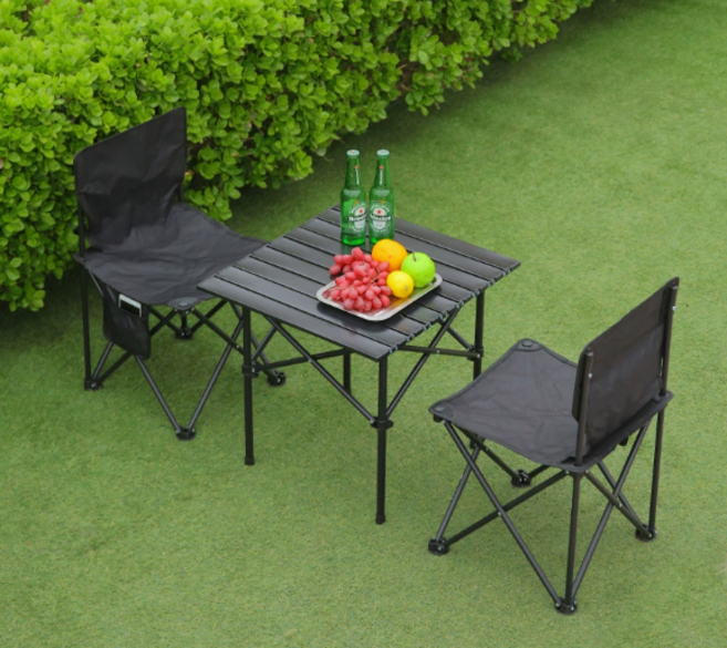 하루꿈 캠핑 테이블 의자 세트 2인/4인 접이식 피크닉 휴대용 야외 경량 롤테이블 체어, 블랙