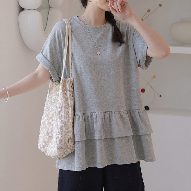 데일리앤 리노 루즈핏 면 레이어드 밑단 프릴 반팔 롱 티셔츠 봄 여름 사계절