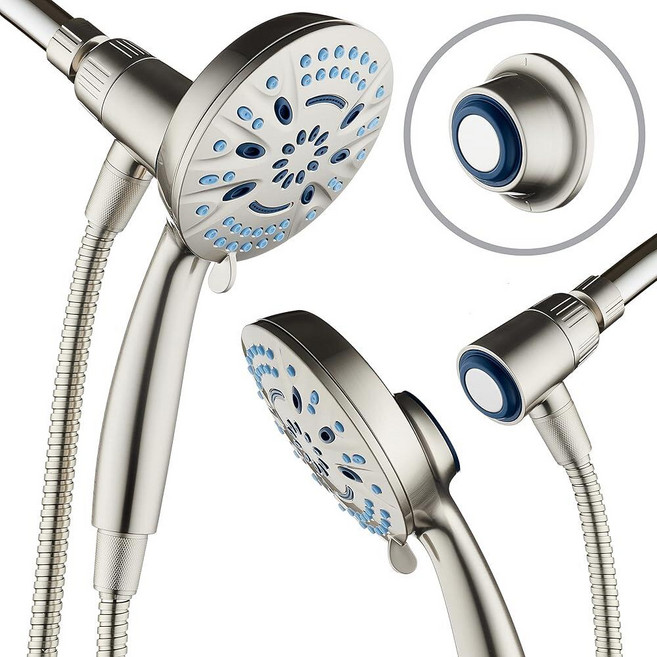 AquaCare Magneton 8-setting Magnetic Docking Hand Shower with Built-in Filter - On/Off Filtration, 마그네틱 고압 8가지 설정 핸드헬드 샤워 헤드, 새틴 니켈