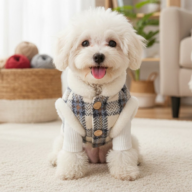 강아지 겨울옷 체크 조끼 하네스 강아지패딩 올인원 방한 겨울 양털 애견 아우터, 1개, 블루체크