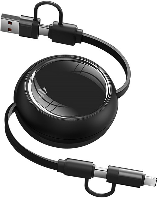 USB C타입 8핀 100W 고속충전 조약돌 릴케이블, 1개, 블랙, 1m