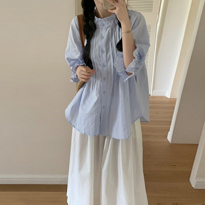 여성 봄 여름 셔링 셔츠 얇은 블루 남방 퍼프 남방