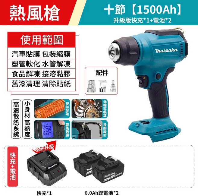 Thuisaka 數顯大功率熱風槍, 1件, 熱風槍+15000Ah電池x2+升級快充,不加工具箱