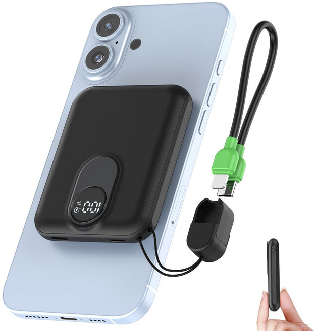 PGPFNG 고속충전 미니 보조배터리 PD 22.5W 휴대용 무선충전 맥세이프 보조배터리, 블랙