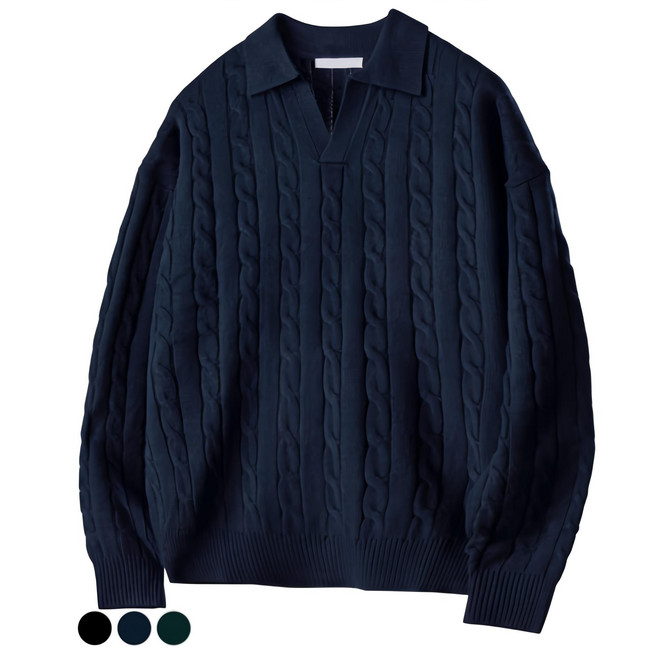 팀스핏 남성용 워셔블 빅사이즈 오버핏 꽈배기 카라 니트 티셔츠