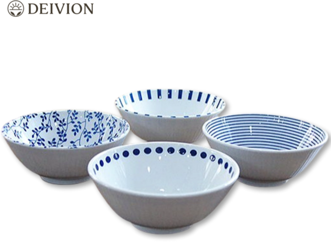 일본 에가와리 면기 4P 도자기 일식 라면 라멘 그릇 우동기, 화이트블루, 1개