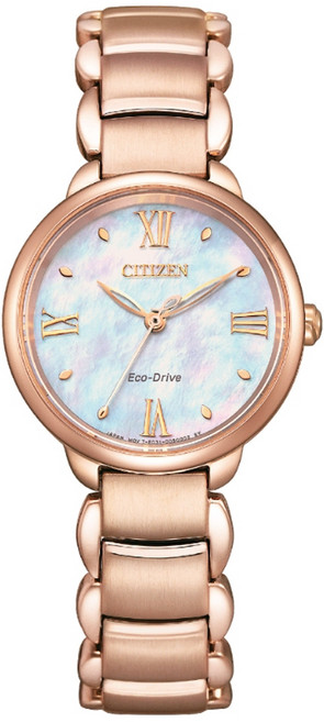 CITIZEN 星辰(EM0928-84D) L系列 精緻簡約 光動能白蝶貝羅馬字淑女腕錶-玫瑰金28mm