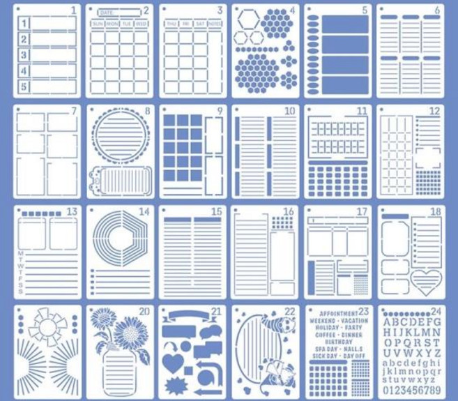 77UA 24PCS 실용 저널 스텐실 세탁 가능한 드로잉 템플릿 시간 절약 플래너 노트북 다이어리 스크랩북 DIY, 01 빠른