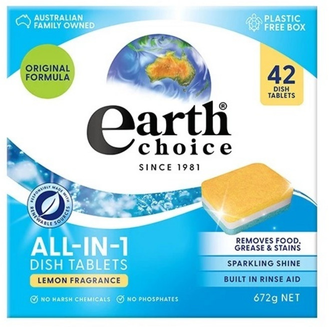 Earth Choice 多效合一洗碗錠 檸檬香氛 42入 672g (含亮碟劑) 澳洲進口 法國製造 無磷酸鹽 無動物實驗, 1盒