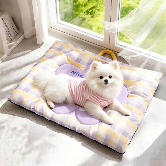 강아지 고양이 쿨매트애완동물 휴대용 방석, 1개, 퍼플 체크B01